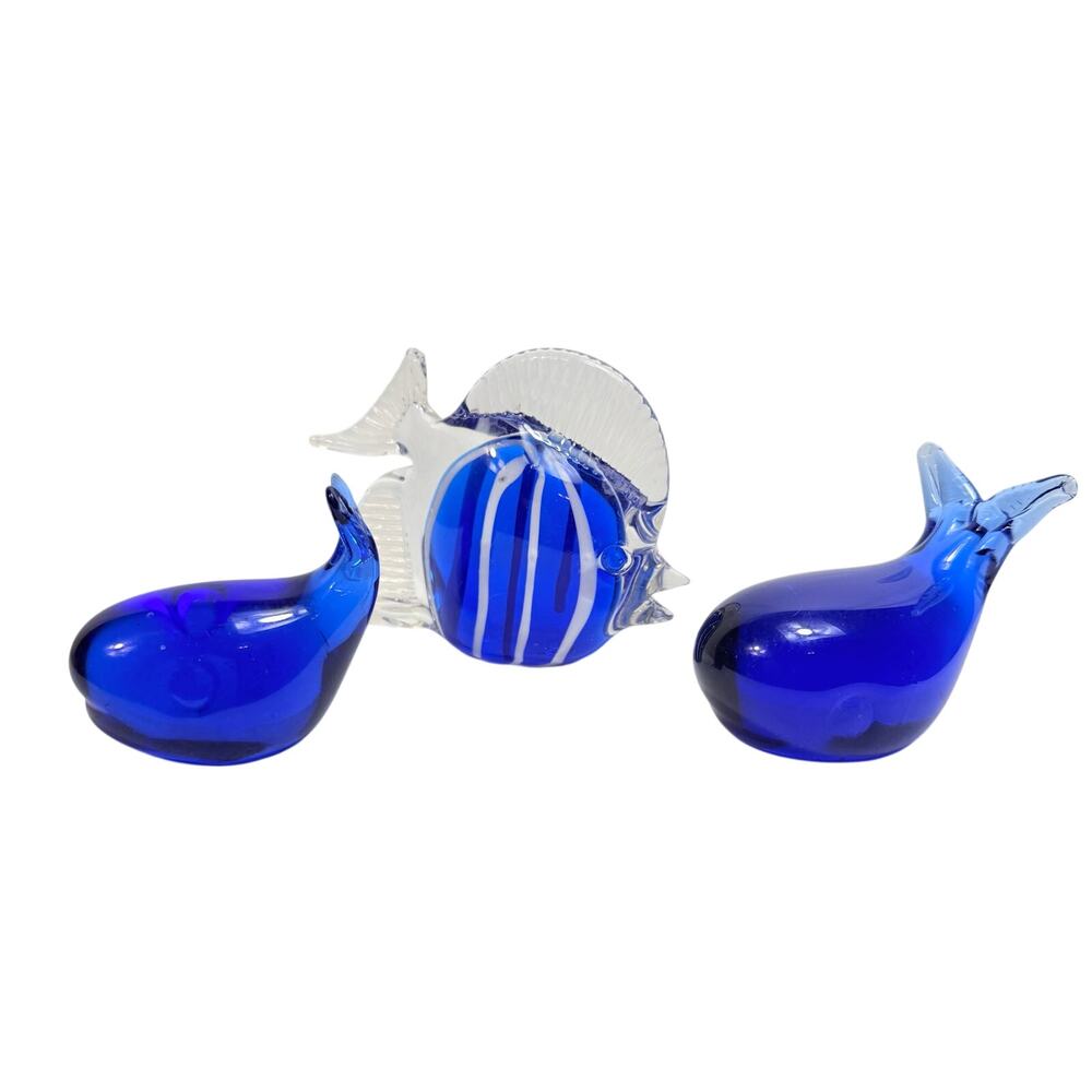 Vintage Cobalt Blue Hand Blown Art Glass Angelfish and Whales Paperweights